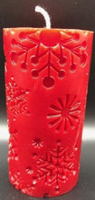 Load image into Gallery viewer, Beautiful Snowflake designs glow when you light this amazing Snowflake Beeswax Pillar Candle. Also available in a 3&quot; version.
