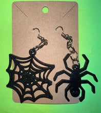 Load image into Gallery viewer, Add a bit of Halloween flare to any outfit with these Spider &amp; Web Earrings!  The perfect way to welcome in the Halloween season.  Also makes a fantastic gift.
