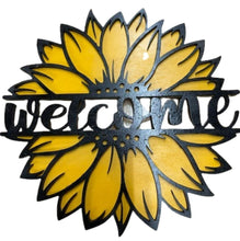 Load image into Gallery viewer, This bright &amp; cheery sunflower welcome door hanger is sure to make your guests smile as they enter your home.  Great for birthday or housewarming gifts.

