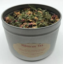 Load image into Gallery viewer, Hibiscus tea, shown in tin. Rosehips, rose petals, lemonbalm
