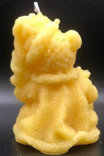 Load image into Gallery viewer, This sweet Teddy Bear Beeswax Candle holds a Christmas tree and has gifts stacked at his feet.  A beautiful addition to any holiday or Christmas decor.  Back view
