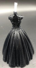 Load image into Gallery viewer, Elegant wedding dress silhouette beeswax candle. Lace top with flowing wedding gown bottom. Perfect for wedding showers or gifts.  Back view of black wedding dress beeswax candle.
