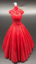Load image into Gallery viewer, Elegant wedding dress silhouette beeswax candle. Lace top with flowing wedding gown bottom. Perfect for wedding showers or gifts.  Shown in red.
