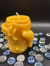 Load image into Gallery viewer, Mother and baby whale swirl around the outside of this all natural beeswax candle. Around the whales is an ocean wave design. Handmade in the USA.
