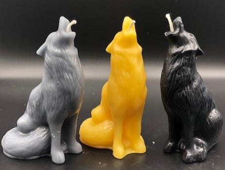 This all natural beeswax candle in the shape of a howling wolf is sure to please any wolf or dog lover. Handmade in the USA.