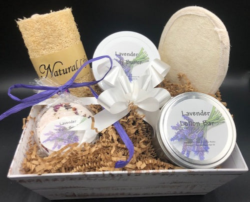 Luscious Lavender & Loofah Gift Basket filled with Lavender Body Butter, Lavender Lotion Bar, Lavender Bath Bomb & two types of exfoliating loofahs.  The perfect gift for Mother's Day, Valentine's Day, Christmas, Wedding Showers and Birthdays! 