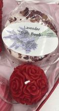 Load image into Gallery viewer, Lavender Bath Bomb &amp; Red Rose Ball Beeswax Candle from our Valentine&#39;s Day Heart Shaped Gift Box Set.
