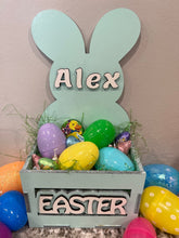 Load image into Gallery viewer, Adorable Wood Crate Easter Basket with your child’s name on the top.  Make this Easter extra special with personalized Easter baskets for your little ones.  Available in blue, pink, green, yellow or purple.
